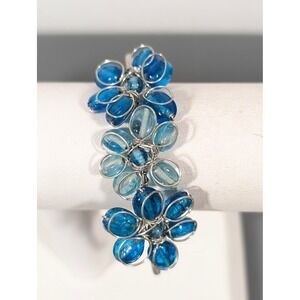 Blue Flower Glass Bead Collar Bracelet Silver Tone Flex Wire 8.5" Artisan